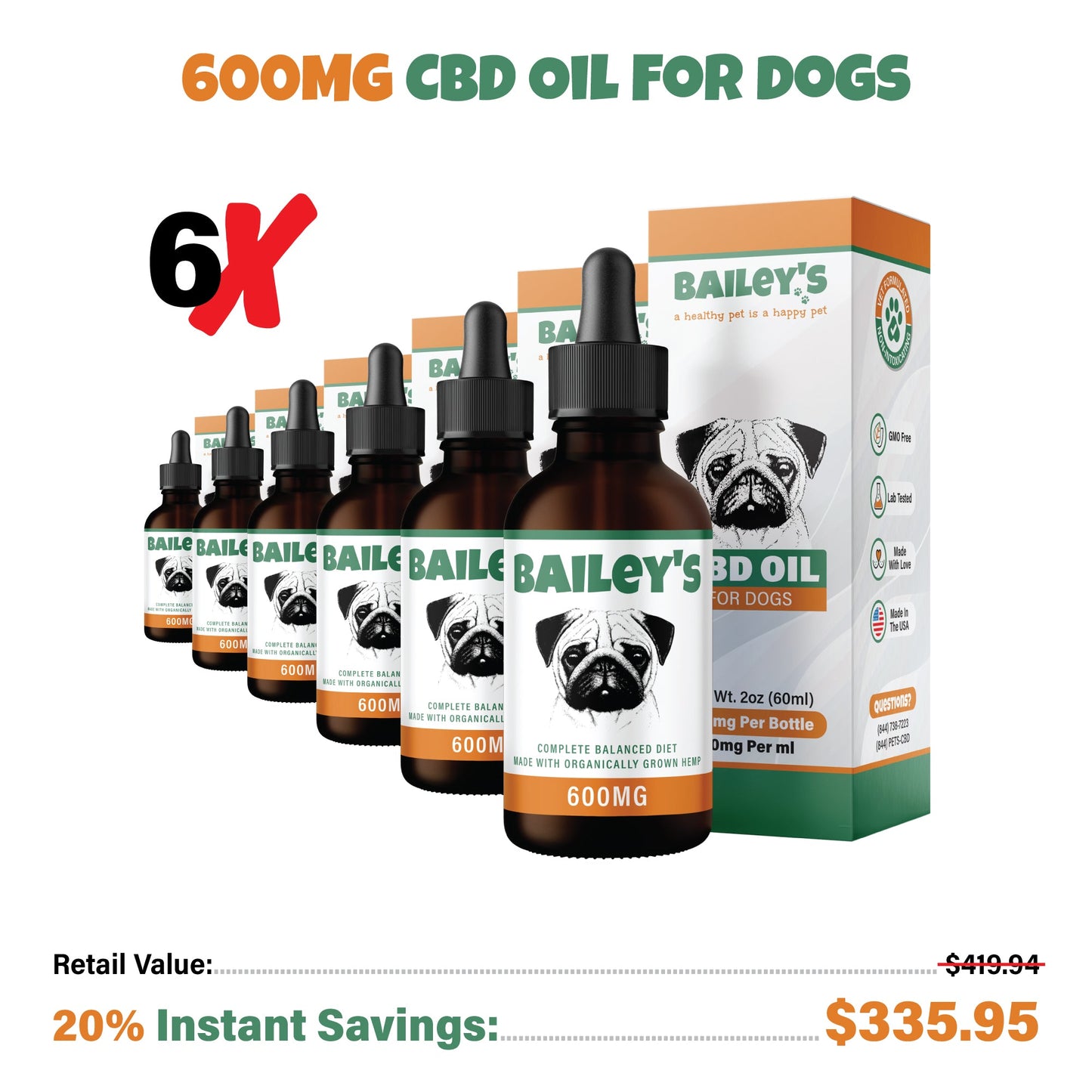 Bailey's CBD Oil For Dogs | 600MG 60ML Large Size Bottle (Best Value!)