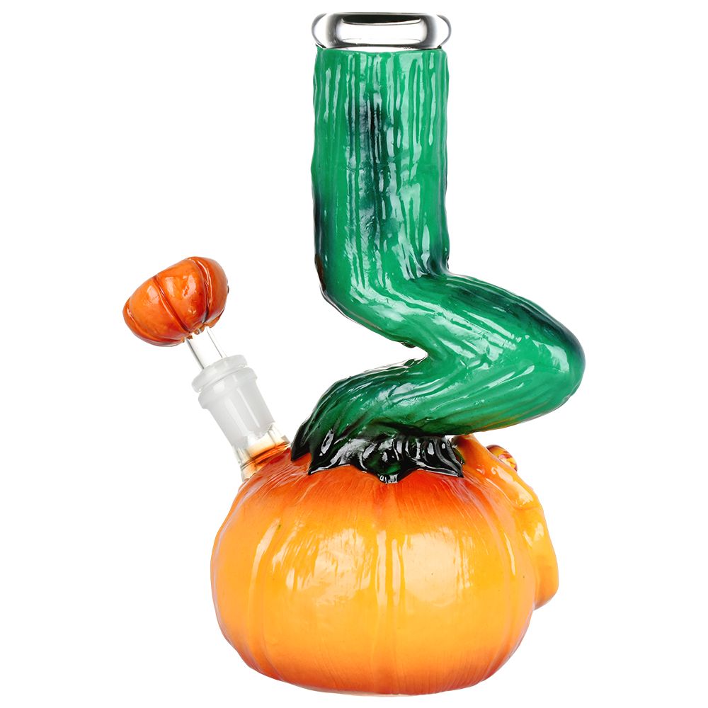 Bent Neck Scary Pumpkin Enamel On Glass Bong - 10" / 14mm F