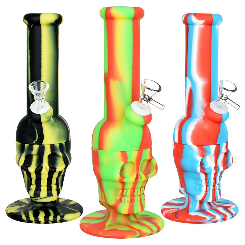 Sinfully Smiling Skull Silicone Water Pipe - 11" / 14mm F / Colors Vary