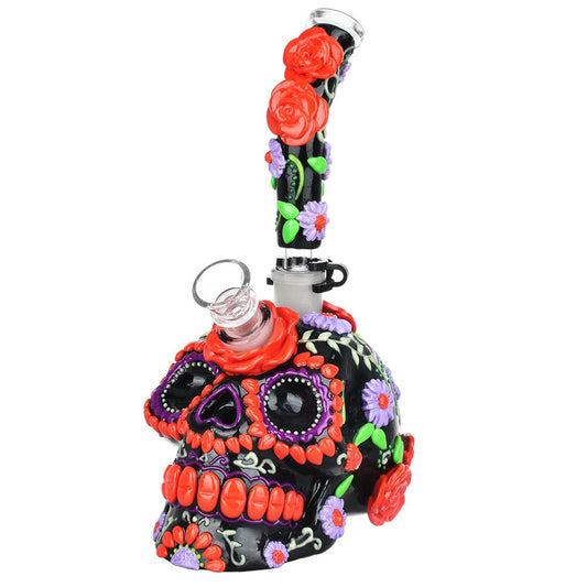 Heavy Flowered Sugar Skull Glass Water Pipe - 10" / 19mm F